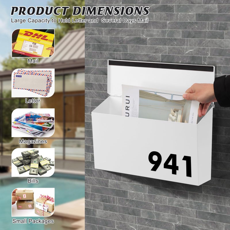 KYODOLED Wall-Mount Mailbox, Large Capacity Mail Box, Galvanized Steel Rust-Proof Metal Post Box, Mailboxes for Outside,15.7"x9.9"x4.9" White - Image 3